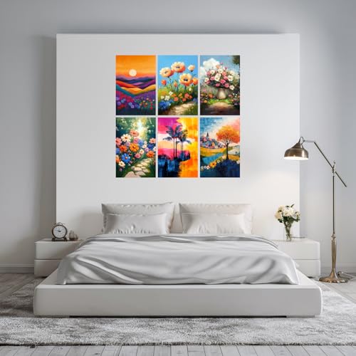 Image of SiddArtify Floral Landscape Wall Art Prints Set - Colorful Flower Poster Decor for Living Room Bedroom Office - 8x12 Sticker Pack of 6