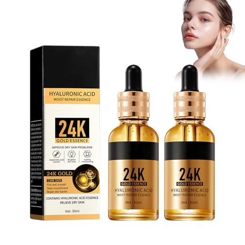 Sérum de ácido hialurónico dorado 24 K, 2 x 30 ml, hidratante y reparador, hidratante intenso, ilumina la piel, fortalece la barrera de la piel, para una piel brillante y suave