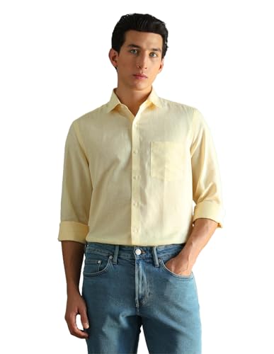 Arrow Men's Solid Full Sleeves Slim fit Semi-Cutaway Collar Cotton Shirt Yellow