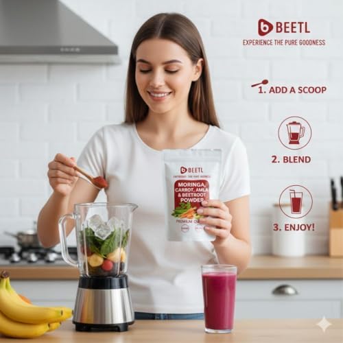 Image of BEETL Moringa Carrot Amla & Beetroot Powder Blend | Mixed Vegetable Powder | Plant Based Blend for Smoothies, Juices, Beverages & Recipes | 100 g