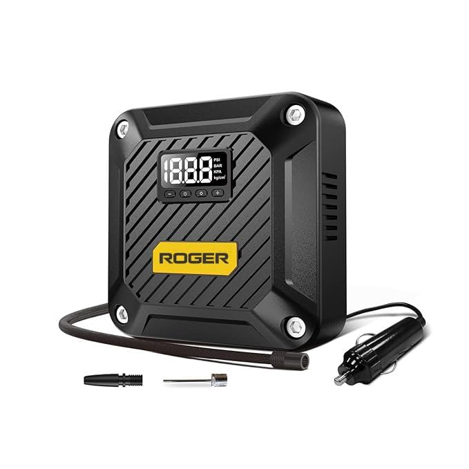 Image of ROGER Portable Air Compressor Pump - Powerful 12V DC Tire Inflator with Digital Gauge, Auto Shut-Off & LED Light - Ideal for Cars, Bicycles, Balloons & More