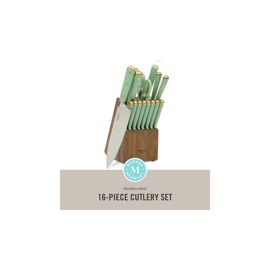 Martha-Stewart-16-Piece-Lockton-High-Carbon-Stainless-Steel-Cutlery-Kitchen-Knife-Block-Set-WABS-Tripe-Riveted-Forged-Handle-Acacia-Wood-Block-Sage-Green-WGold Martha Stewart 16 Piece Lockton High Carbon Stainless Steel Cutlery Kitchen Knife Block Set W/ABS Tripe Riveted Forged Handle Acacia Wood Block - Sage Green W/Gold