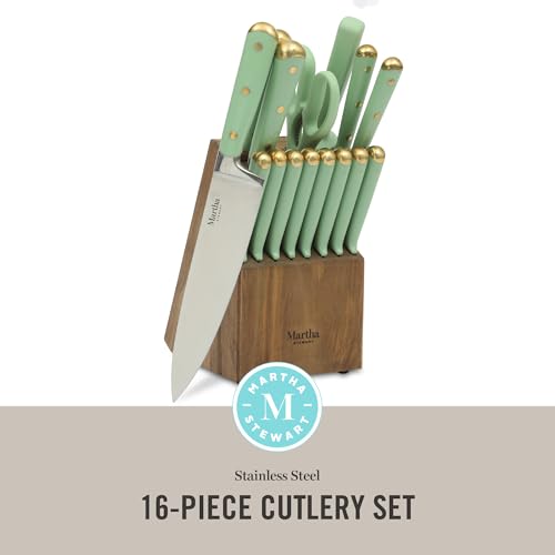 Martha-Stewart-16-Piece-Lockton-High-Carbon-Stainless-Steel-Cutlery-Kitchen-Knife-Block-Set-WABS-Tripe-Riveted-Forged-Handle-Acacia-Wood-Block-Sage-Green-WGold