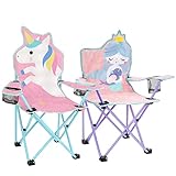 KABOER Silla plegable para césped y camping para niños con portavasos y bolsa de transporte, sillas de camping para niños para viajes al aire libre a la playa (unicornio y sirena)