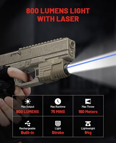 Image of EZshoot 800 Lumens Pistol Light Laser Combo Rechargeable, Pistol Flashlight with Slidable Rail Compatible with Glock and Picatinny Rail, Gun Light with Laser Beam