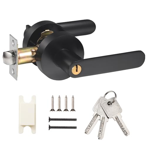 Faankiton Door Handle with Lock, Reversible Door Handles, Privacy Door Lever, Internal Door Handle Knob Sets, Security Door Lock Set, Entry Door Lever with Keys for Bedroom, Passage (Black)