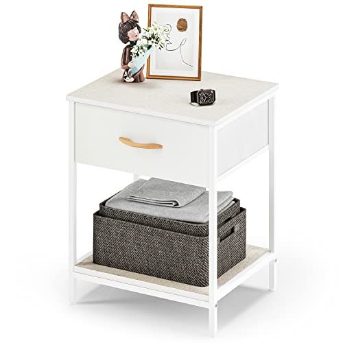 JRAO Mesitas de Noche Mesilla de Noche con 1 Cómoda Cajonera Tela & estantes Cama Sofa Mesa Auxiliar Comodas Cajones Gabinete Pequeño Almacenaje Armario para Dormitorio Salon Metal&Madera Blanco Cover