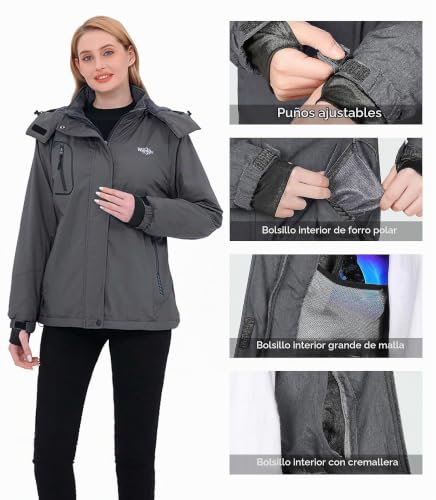Miniatura 6 de Wantdo Chaqueta De Esquí Impermeable Montaña Abrigo Windbreaker Paño Grueso Suave Parka Resistente Al Agua Para Acampar Viajar Chaqueta De Bolsillos Múltiples Cremallera Para Mujer Gris Oscuro Medium