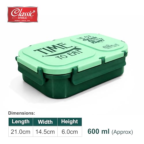 Image of Classic Steels Bento Duo Lunch Box for Kids 600ml, 2 Compartment Stainless Steel Tiffin Box, Leak Resistant, BPA Free, School Lunch Box - Green