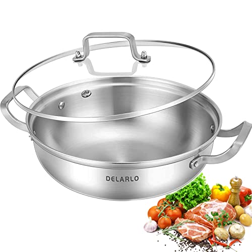 Delarlo Tri-Ply Stainless Steel 11 Inch Cookware Everyday Pan With Glass Lid,Kitchen Everything Pan, Chef's Pans,Induction Cooking Pot, Stock Pot #TOP28