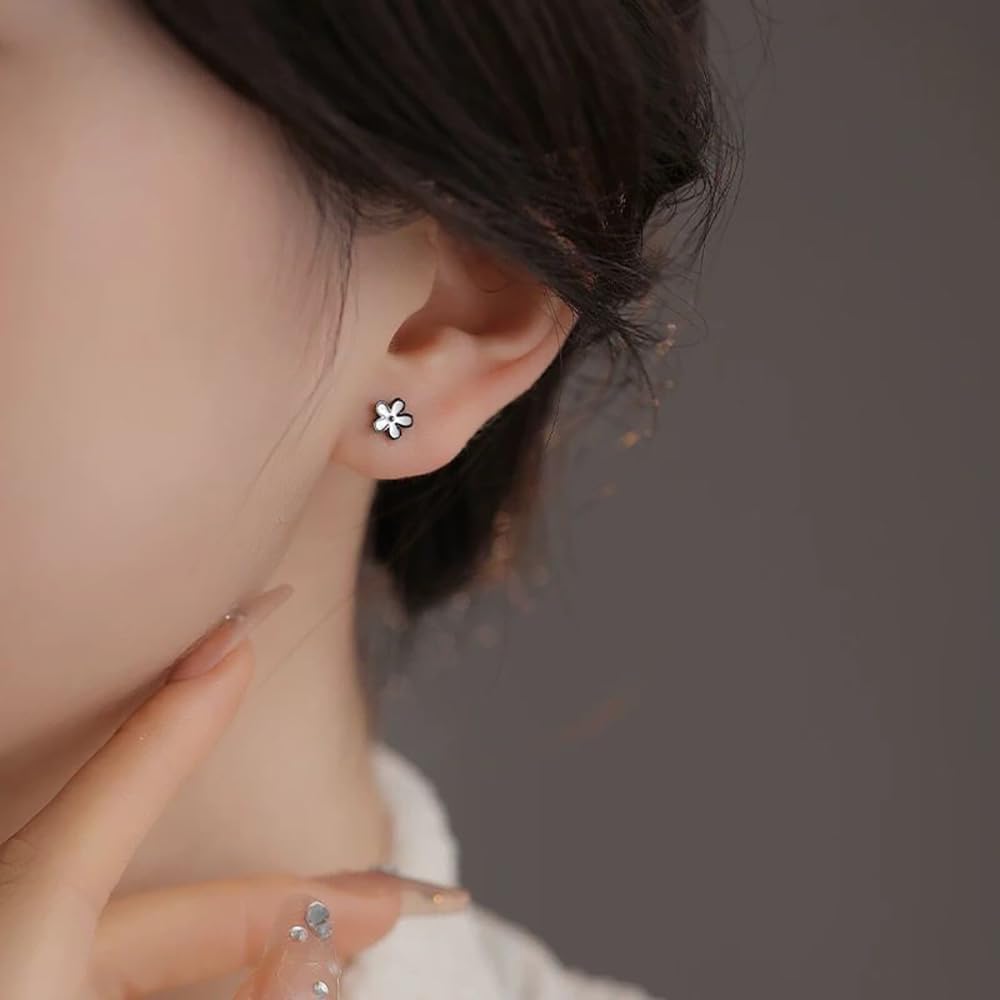 18G Cute Flower Cartilage Mini Stud Earrings for Women Teen Girls Hypoallergenic 925 Sterling Silver Enamel White Flowers Black Gold Plated Tiny Ball Screw Back Tragus Helix Sleeper Studs Earring - Image 2