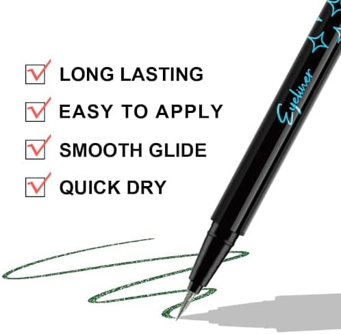 evpct 2Pcs Emerald Dark Green Glitter Shimmer Liquid Eyeliner Eye Shadow Makeup Pencil, Green Face Body Glitter Fake Eyelashes Lashes Mascara Accessories, Sparkle Metallic Colored Eyeliner Waterproof
