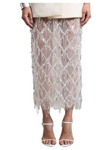 MakeMeChic Womens Sequin Midi Skirts Sheer Fringe Glitter Sparkly Party Club Cover Up Pencil Skirts White Small