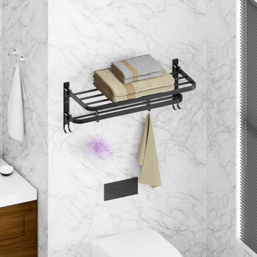 Image of Towel Rack for Bathroom, Shelf for Wall with Towel Hooks, Towel Rack, Kitchen Accessories Items Wall Mounted for Heavy-Duty Elegance (Black, 18 Inch)