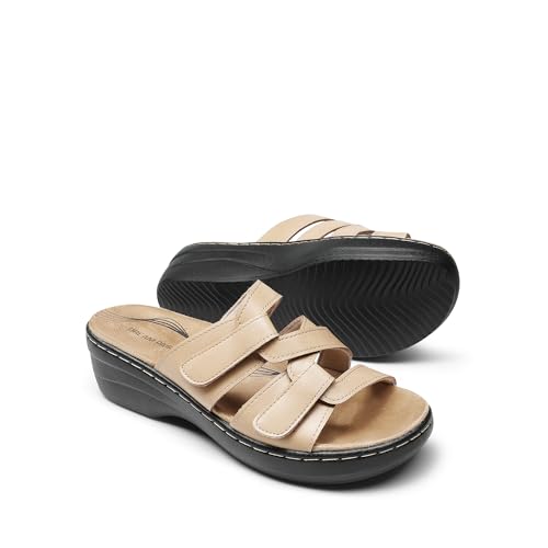 Image of DREAM PAIRS Women Arch Support Slide Sandals Adjustable Straps Slip On Wedge Sandals Casual Comfort Lightweight Flat Slides