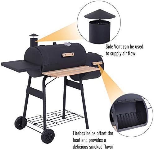 Outsunny Trolley Charcoal BBQ Barrel Barbecue Grill Patio Outdoor Garden Heating Heat Smoker - Black