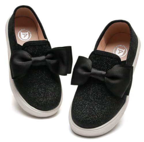 DADAWEN Girls Slip On Glitter Sneakers Cute Bow Lazy Tennis Shoes Loafers for Little Girls(Toddler/Little Kid/Big Kid) Black US Size 13 M Little Kid