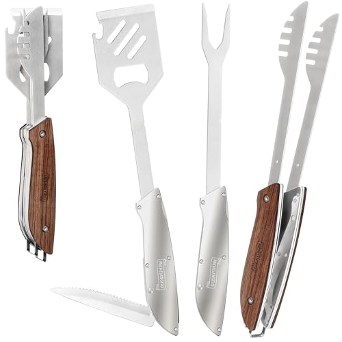 MICHELANGELO 6 in 1 Grill Tools for Outdoor Grill - Camping Grilling Utensil Set with Spatula, Tong, Fork, Steak Knife, Bottle & Can Opener, Portable BBQ Tools for Camping