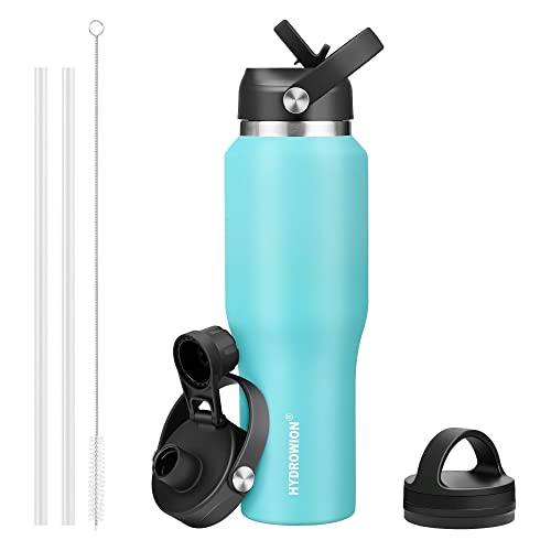 Image of HYDROWION 32oz Stainless Steel Water Bottle(Cold for 48 Hrs, Hot for 24 Hrs), Double Wall Vacuum Insulated Water Bottle with Straw Lid, Spout Lid and Flex Cap, Fit in Any Car Cup Holder, Mint