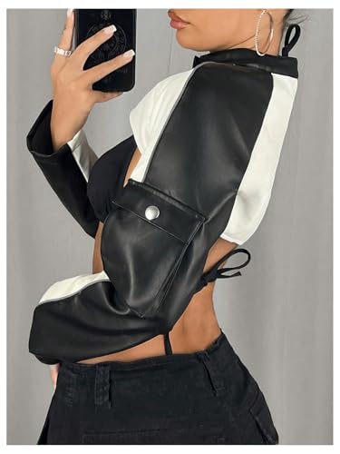 Verdusa Women's Motorcycle Color Block Leather Jacket Zip Up Long Sleeve Crop Jacket outwear2