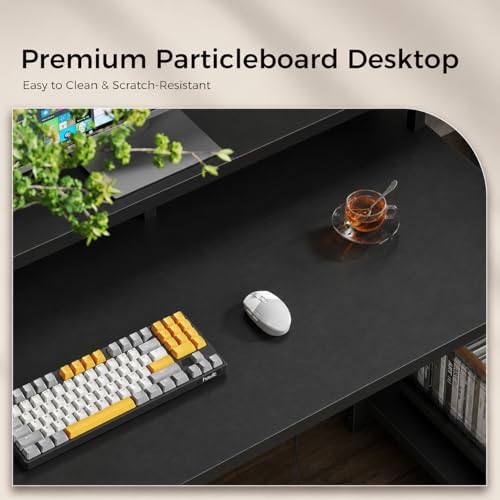 Image of Gaming Desk with Monitor Stand & Storage Shelves | Study & Computer Desk with Headphone Hook | Reversible Office for PC Setup | Black | 120x60x87 cm