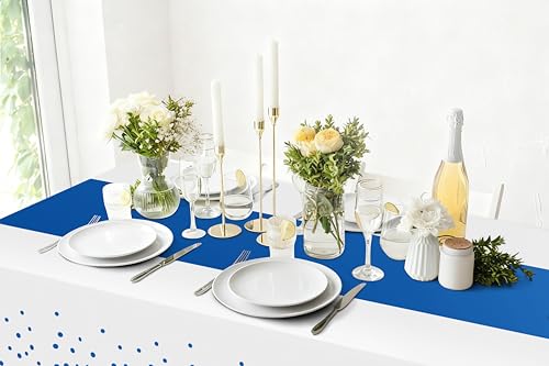 Image of Smiry Plastic Table Cloth Disposable 3 Pack, 54 x 108 Inch Rectangle Waterproof Tablecloth, Printed Gold Table Runner Style for Birthday Weeding, Party Decorations, Leakproof & Sturdy, White and Blue