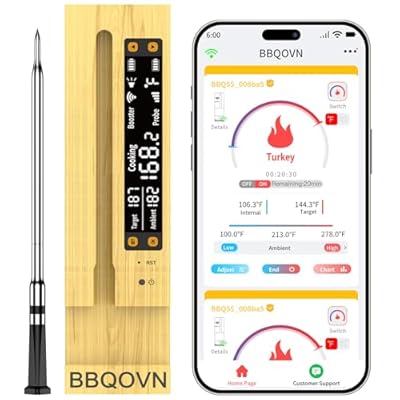 BBQOVN Smart Wireless Meat Thermometer,WiFi Unlimited Range Sub-1G (10X Stronger Than Bluetooth) 7 NIST-Certified Sensors ±0.5°F Accuracy with Smart Base for BBQ, Grill, Smoker & Oven(1, Black)