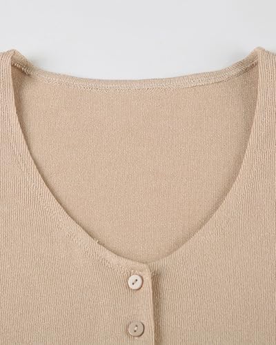 GCZREN Women Sexy Deep V Neck Button Front Knit Mini Dress Elegant Short Sleeve Ribbed Flowy Hem A-Line Short Dress(M,Apricot)