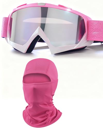 immoono Motorcycle Goggles with Balaclava for Women Girls, Dirt Bike ATV Motocross Riding Racing Ski Goggle Safety Glasses, Gradient Pink Frame Silver Lenses