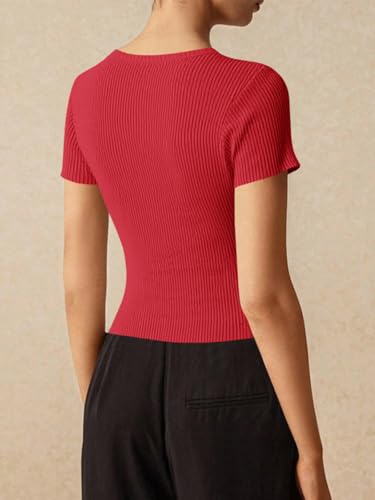 Image of Imily Bela Womens Short Sleeve Sweater Tops Summer Button Down Casual Ribbed Knit Slim Fit Cropped Cardigan Shirts
