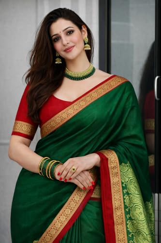Image of Women's Glory Banarasi Satin Silk Saree with Rich Zari Woven Border & Pallu | Soft Glossy Party Fancy Traditional Saree for Wedding, Festive, Function | Blouse Piece Included