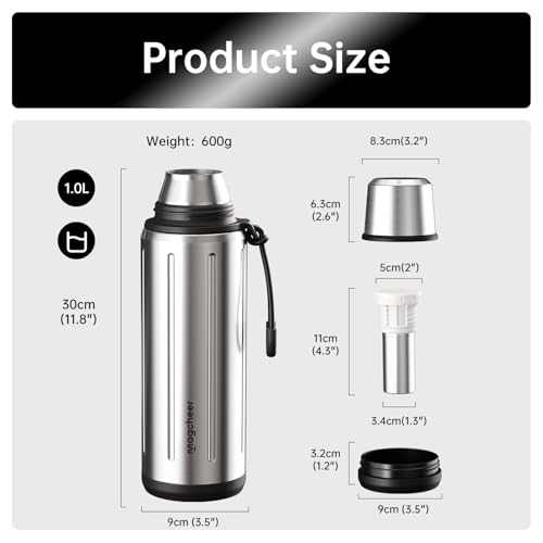 magcheer 1L Thermo Water Bottle with Cup(48 hrs Ice Cold & 24 hrs Hot) Flask for hot Water with Removable Base and Filter 18/8 Stainless Steel Coffee Flask for Travel Office and School(Silver) by magcheer - Used condition - Image 2