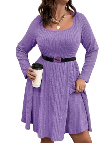 Image of Women's Plus Size Casual Sweater Dress Square Neck Long Lantern Sleeve Tie Waist Loose Pullover Sweater Dresses