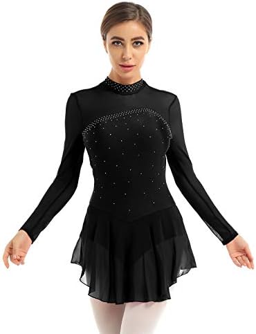 YiZYiF Women's Adult Long Sleeve Spandex Gymnastics Leotard Ballet Dance Figure Skating Dresses Black X-Large