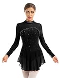 Freebily Damen Eiskunstlaufkleid Glänzend Strasssteine Rollschuhkleid Ballettkleid Tanz Trikot Gymnastik Kleid Schlüsselloch Rücken Schwarz XL