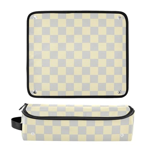 Bolso de viaje para herramientas de cabello con tapete resistente al calor removible, doble capa para planchas y rizadores, color amarillo claro y gris claro ajedrezado miniatura 3