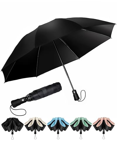 Chakipee Regenschirm Groß Sturmfest Kompakter Reise für Damen und Herren– Automatik Auf und Zu Taschenschirm Tragbarer UV-Schirm, Taschenschirme Schwarz 210T Beschichtung 97 cm Spannweite 8 Rippen