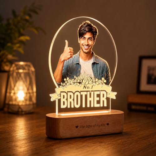 Image of ZOCI VOCI Personalized Rakhi Gifts - No.1 Brother Custom UV Printed LED Photo Lamp, Warm White Acrylic Night Lamp with Wooden Base, Customized Rakshabandhan Gift