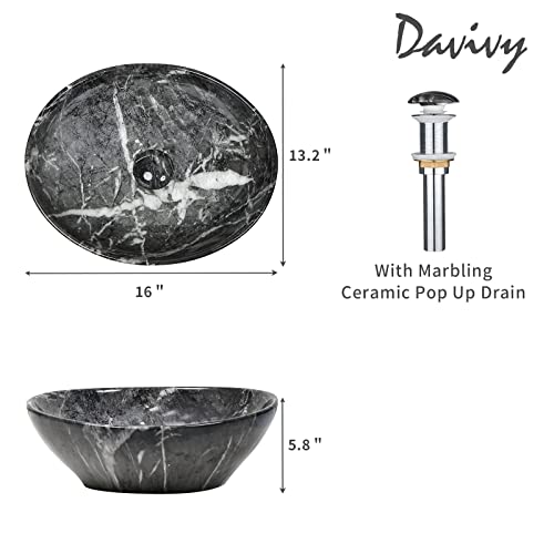 Davivy 16'' X 13.2'' Nordic Marbling Oval Vessel Sink With Pop Up Drain,Bathroom Vessel Sinks,Ceramic Vessel Sink,Bathroom Sinks Above Counter,Counter Top Sink,Oval Sink Bowls For Bathroom #TOP1