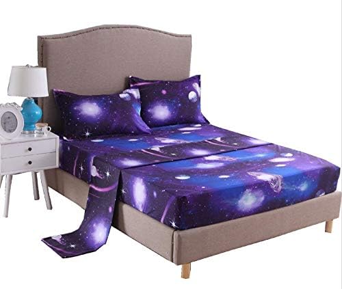 A Nice Night Galaxy 3D Printing Bed Sheet Bedding Set, Soft Microfiber Fitted Sheet Set，Galaxy Themed Sheets 4 pcs Flat Sheet& Fitted Sheets with 2 Pillowcases (Queen, 07)