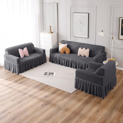 Image of HOKIPO Stretchable Elastic Bubble Frill Cover for Sofa 1 Seater, Anchor Grey (NEW-AR-5255-AGRY)