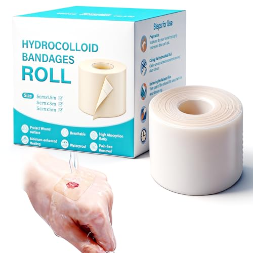 Hydrocolloid Roll, 5cm*500cm Apositos Adhesivos, Tiritas Parches Cicatrizantes, Vendas Impermeables, Recortable Autoadhesivos Cortable, Gel Hidrocoloide para Exudado Leve, Ampollas y Acné