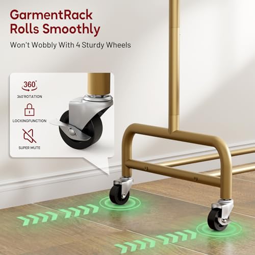 SLEEPING LAMB Double Rod Heavy Duty Clothes Racks for Hanging Clothes Rack, Metal Rolling Garment Rack With Wheels Clothes Hanger Rack Wardrobe Rack for Coats, Shirts (Gold)