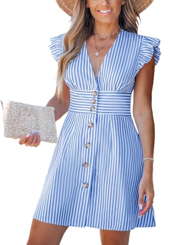 Image of CUPSHE Women's Striped Summer Dresses V Neck Casual Mini Dress Flutter Sleeve Ruffle Button Sundresses