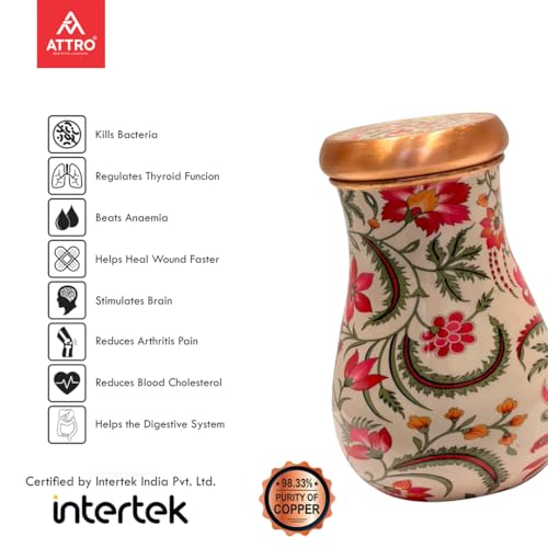 Image of ATTRO Kalash Copper Water Pot - Designer Water Storage & Serving, Ayurvedic Health Benefits, Supports Overall Health & Healthy Skin, 750ml Pink Rose