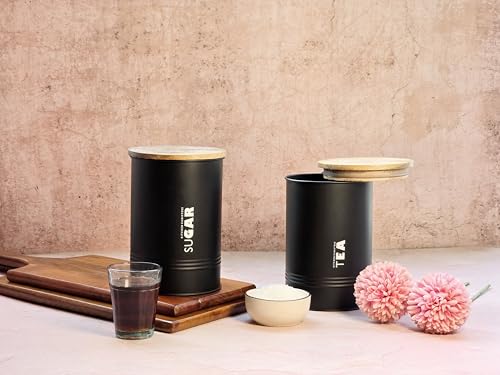 Image of JISCOVERY Airtight Tea & Sugar Container Set of 2| Metal Storage Canister with Wooden Lid for Kitchen| Storage Box for Kitchen Counter Top| 1300 ML| Black