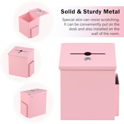 xydled Suggestion Box with Key Lock, Locking Metal Donation Ballot Drop, Comment Prayer Box with Slot for Office, Fundraising, Church, School, Home Use, Pink, 8.7 x 7.1 x 5.9 Inches by xydled - Image 2