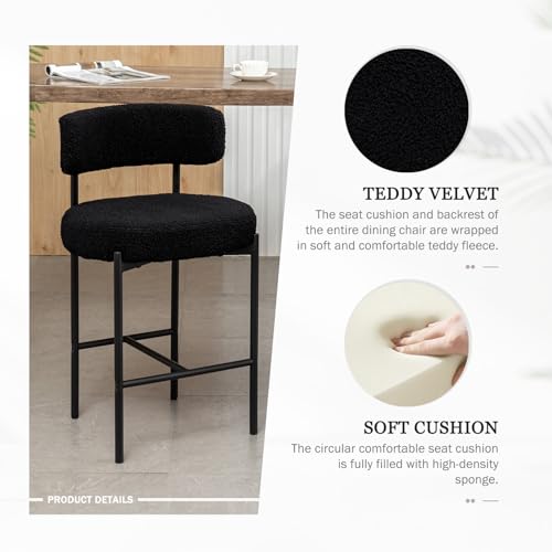 Image of Cinxzar Boucle Bar Stools Set of 3, Black Counter Height Bar Stools with Backs, Modern Barstools for Kitchen Island, Pub, Club
