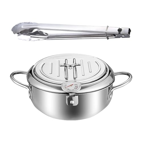 天ぷら鍋 揚げ鍋 ステンレス鋼 ガード枠 蓋付 温度計付 両手鍋 温度制御 油切りラック 省油 フライヤー 家庭用揚げ物 鍋 IH&ガス火対応, シルバー24cmとクリップ