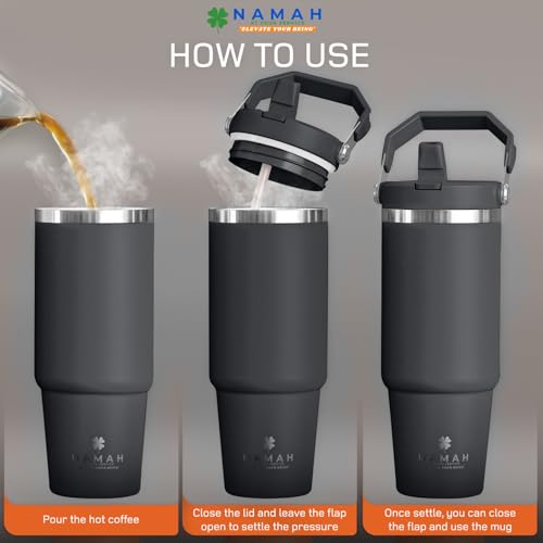 Image of Namah 890ml Insulated Tumbler with Straw, Lid & Top Handel, Leak Proof Stainless Steel Sipper Bottle, Insulated Tumbler Bottle for Hot & Cold Drinks, Travel Mug for Office, Gym, Car Cup Holder